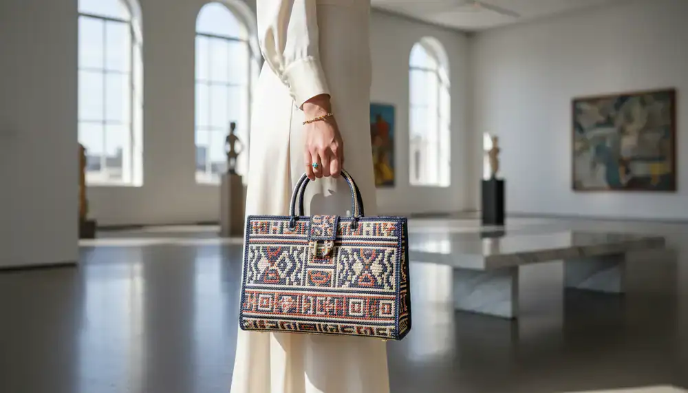 Elegant Maya Handbag held by a model in a sophisticated setting